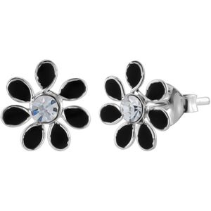 Zilveren oorstekers, bloem met kristal en zwarte blaadjes