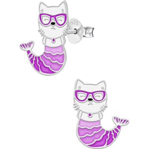 Zilveren oorstekers, kat met paarse zeemeerminstaart en bril