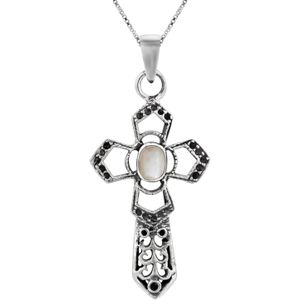 Zilveren ketting met hanger, opengewerkt kruis met marcasiet stenen en hart van parelmoer