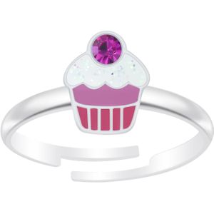 Zilveren verstelbare ring, cupcake met kristal