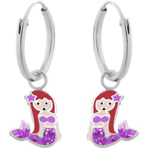 Zilveren oorringen met zeemeermin hanger met paarse glitterstaart