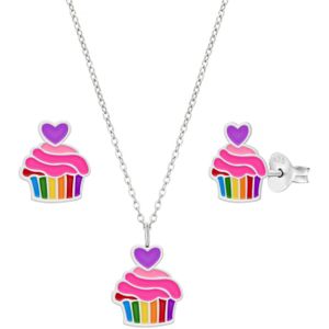 Set van zilveren oorstekers en ketting, kleurige cupcake met paars hartje