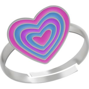 Zilveren ring, hartje in roze, paars en blauw