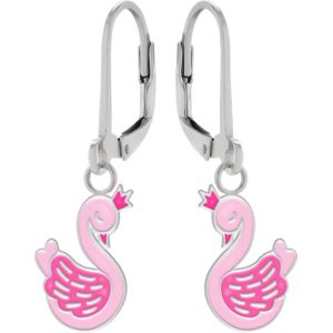 Zilveren oorhangers met hanger, roze zwaan met kroontje