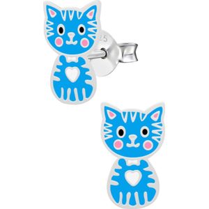 Zilveren oorstekers, blauwe kat met wit hartje