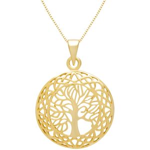 Gold plated ketting met hanger, levensboom in brede, bewerkte cirkel