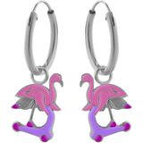 Zilveren oorringen met hanger, flamingo op step