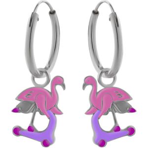 Zilveren oorringen met hanger, flamingo op step