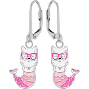 Zilveren oorhangers, zeemeermin kat met zonnebril