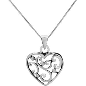 Zilveren ketting met hanger, opengewerkt hart