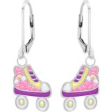 Zilveren oorhangers, rolschaats in pastelkleuren met regenboog en glitters