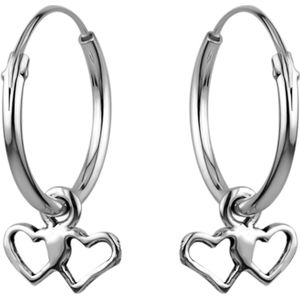 Zilveren oorringen met hanger, twee versmolten harten