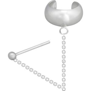 Zilveren ear cuff, gladde band met chain