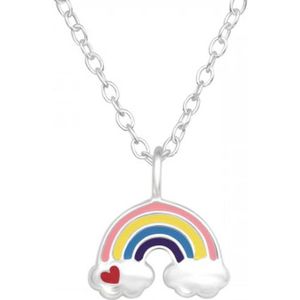 Zilveren ketting met hanger, regenboog met hartje