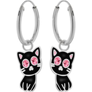 Zilveren oorringen met hanger, zwarte kat met roze kristal-ogen