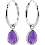 Zilveren oorringen met hanger, druppelvormige amethyst steen met zilveren rand