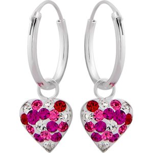 Zilveren oorbellen met hanger, wit hartje met roze en rode kristallen
