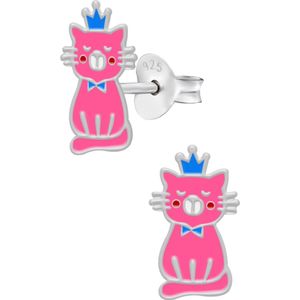 Zilveren oorstekers, roze kat met blauw kroontje en strikje