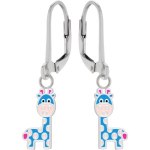 Zilveren oorhangers, blauwe giraf met roze vlekken