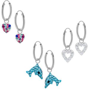 Set van zilveren oorringen met hanger, dolfijn met kristallen en hartjes met kristallen