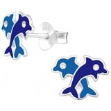Zilveren oorstekers, blauwe dolfijnen met kristalogen