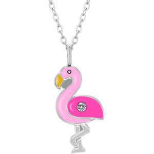 Zilveren ketting met hanger, roze flamingo met kristal