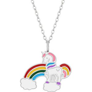 Zilveren ketting met hanger, eenhoorn met regenboog en wolkjes