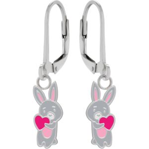 Zilveren oorhangers, grijs konijn met roze hart