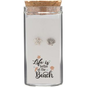Gift box, oorstekers in flesje, schelp en zeester met kristal