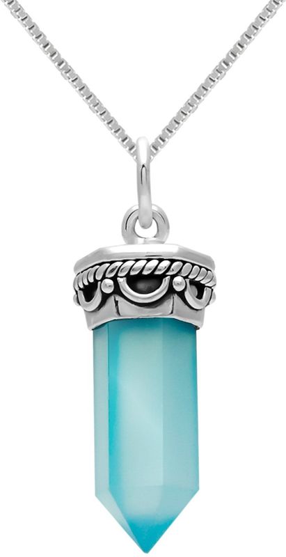 Zilveren ketting met hanger, puntige blauwe chalcedoon steen met rijk bewerkte rand