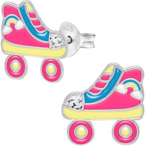 Zilveren oorstekers, gekleurde rolschaats met regenboog en glitters