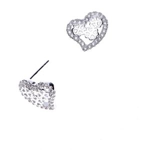 Rhodium plated hartvormige oorsteker met cubic zirkonia steentjes