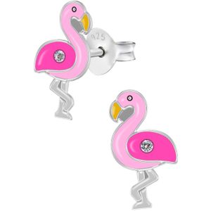 Zilveren oorstekers, roze flamingo met kristal