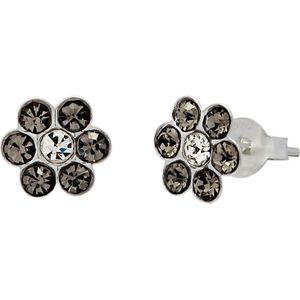 Zilveren oorstekers, bloem met 7 kristallen, diverse kleuren
