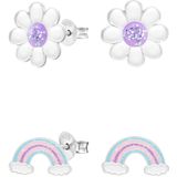 Set van zilveren oorstekers, madeliefje met paars hart met glitter en regenboog in pastel kleuren met glitter