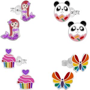 Kinderoorbellen, set van vier oorstekers van zeemeermin, panda donut, cupcake en vlinder
