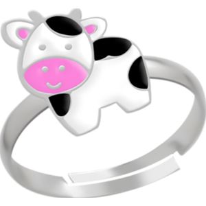Zilveren ring, koe met roze snuit