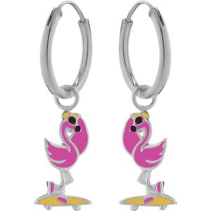 Zilveren oorringen met hanger, flamingo op skateboard