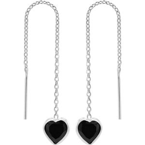 Zilveren chain oorbellen, zwart hart