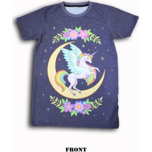 Kinder T-shirt met leuke unicorn print en bloemen, blauw/paars
