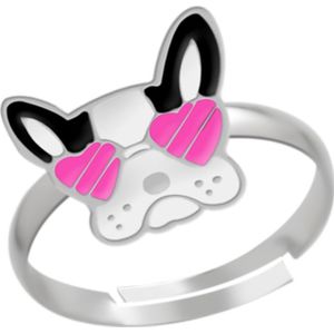 Zilveren ring, hondenkop met roze hartjesbril