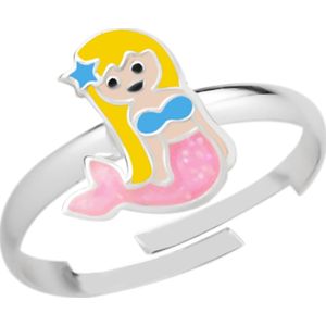 Zilveren ring met zeemeermin, roze glitterstaart