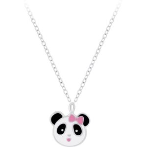 Zilveren ketting, panda met roze strikje