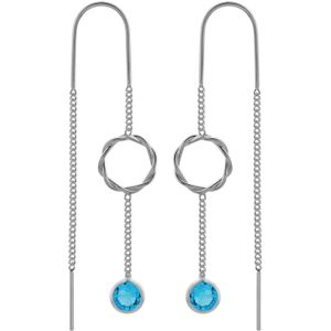Zilveren chain oorbellen, bewerkte cirkel en blauw kristal