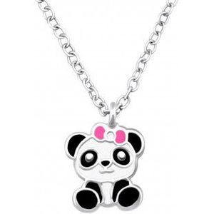 Zilveren ketting met hanger, panda met roze strik