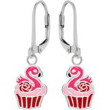 Zilveren oorhangers, rode cupcake met roze zwaan