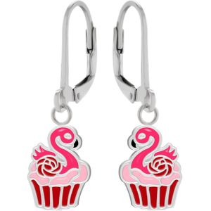 Zilveren oorhangers, rode cupcake met roze zwaan