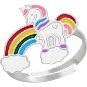 Zilveren ring, eenhoorn met regenboog en wolkjes