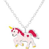Zilveren ketting met eenhoorn/unicorn, rood en roze