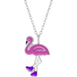 Zilveren ketting met hanger, flamingo op rolschaatsen